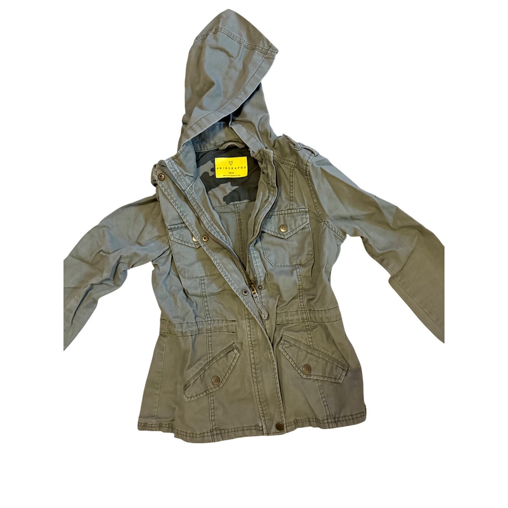 Prince & Fox Olive Green Utility Field Jacket Hooded Camo Lining XS